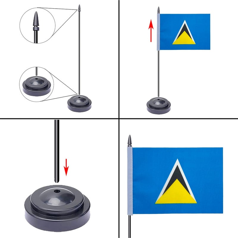 WXTWK 2 Pack Saint Lucia Flag Saint Lucia Deluxe Desk Flag Set - Mini Small Saint Lucia Table Office Flags with Black 12" Solid Pole Stand Base Classroom Meeting Desktop Decorations - Image 3